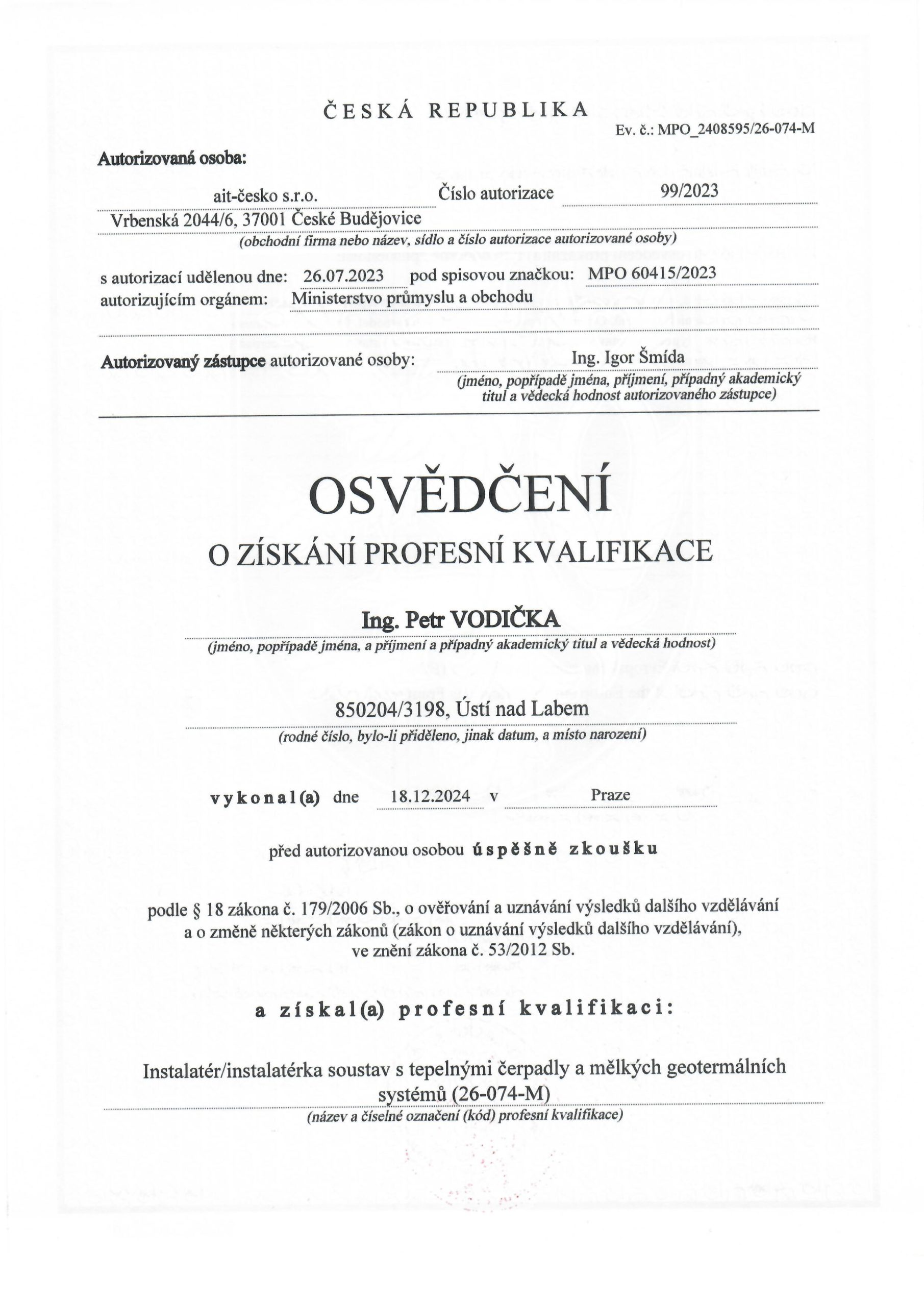 Osvědčení - tepelná čerpadla